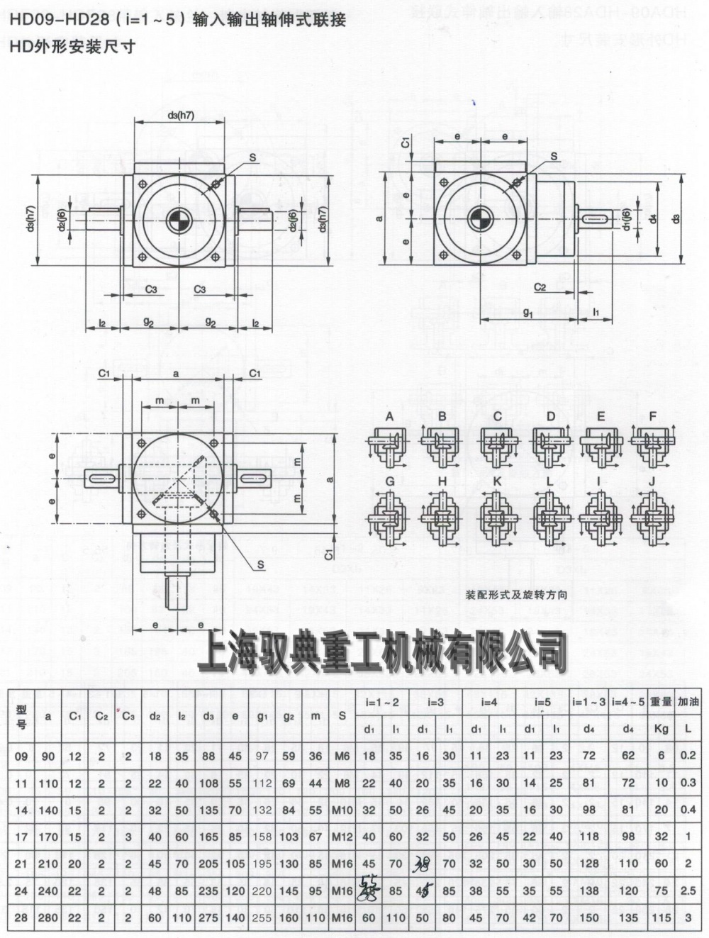 HD09/11/14/17/21/24/28螺旋錐齒換向器尺寸